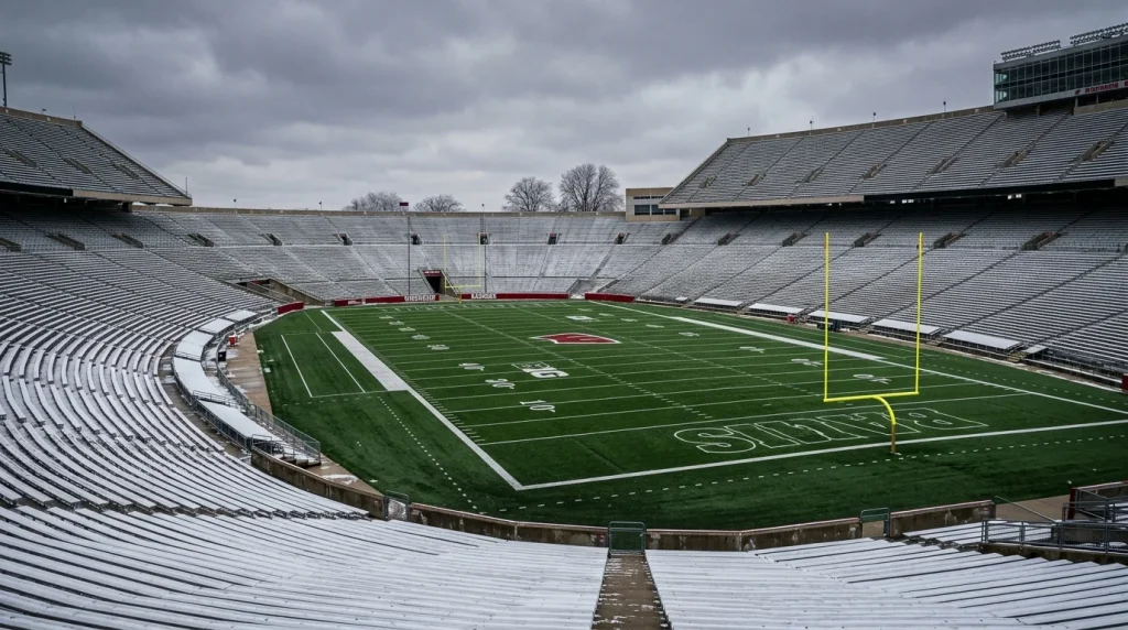 Campo de fútbol americano universitario del Big Ten con nieve ligera en las gradas y líneas de yardas visibles