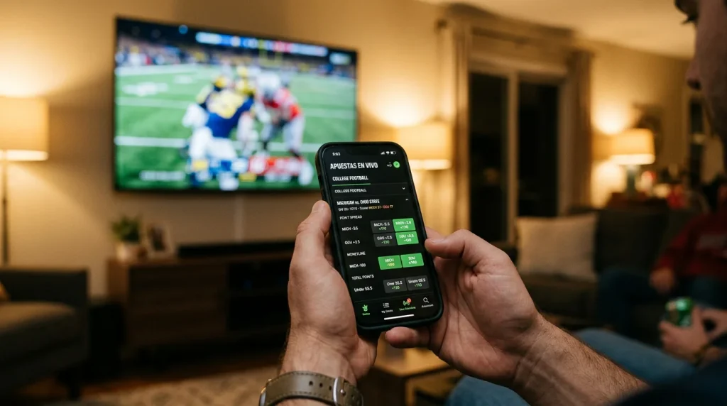 Telefono movil mostrando una pantalla de apuestas en vivo durante un partido de futbol americano universitario