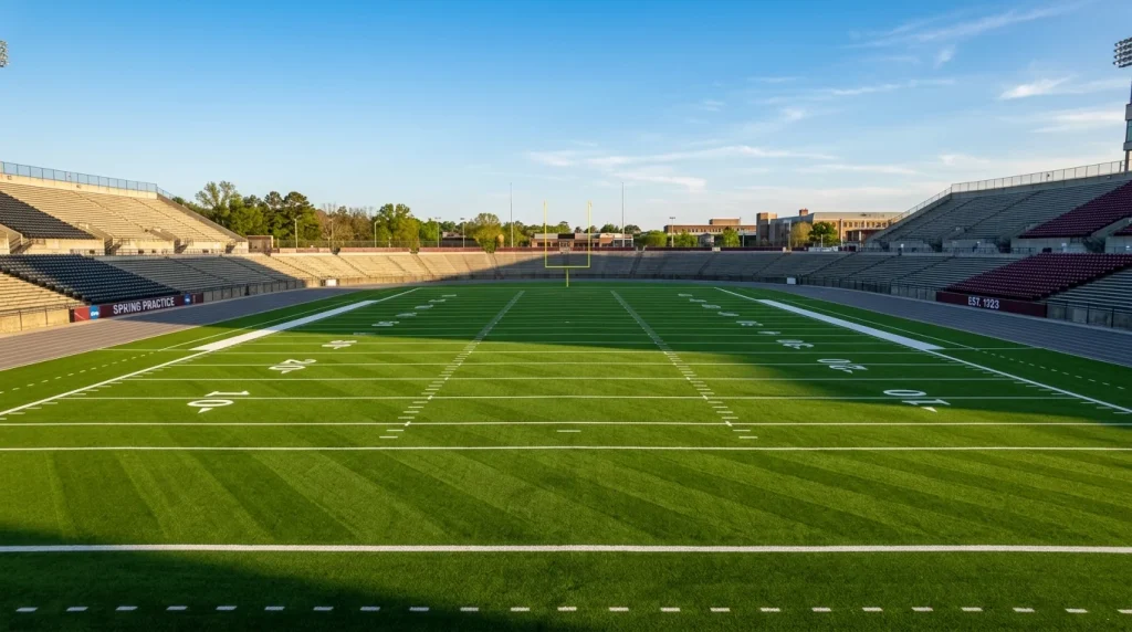 Campo de fútbol americano universitario vacío en primavera con césped recién cortado y porterías al fondo