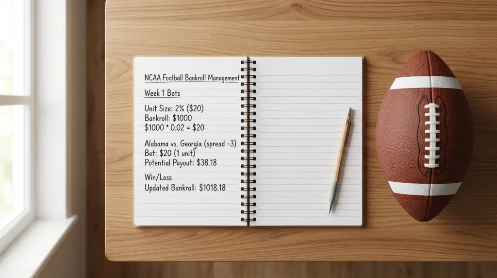 Libreta con calculos de bankroll junto a un balon de futbol americano y fichas de apuestas sobre un escritorio