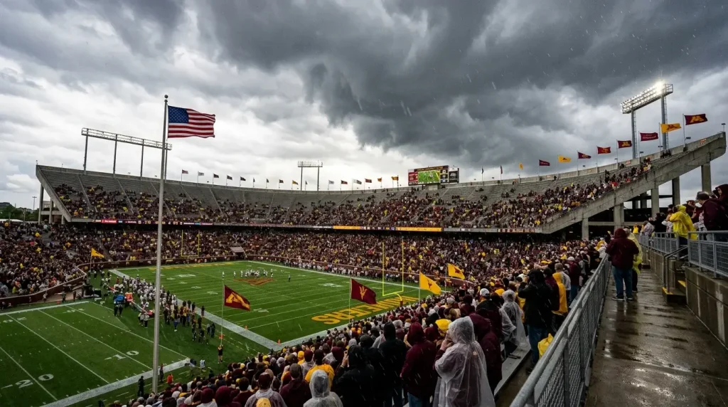 Estadio de futbol americano universitario con banderas ondeando por el viento fuerte y nubes de tormenta