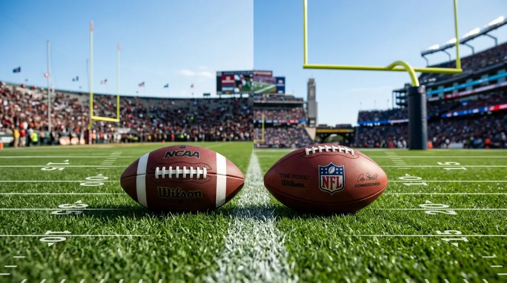 Dos balones de futbol americano uno universitario y uno profesional sobre un campo dividido en dos mitades