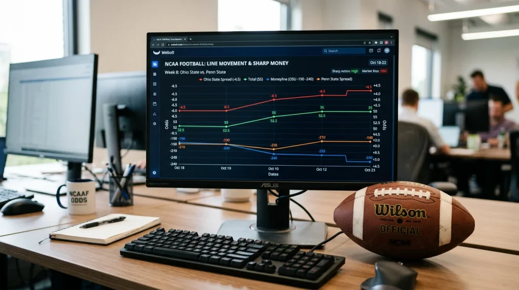Pantalla con graficos de movimiento de lineas de apuestas en un partido de futbol americano universitario