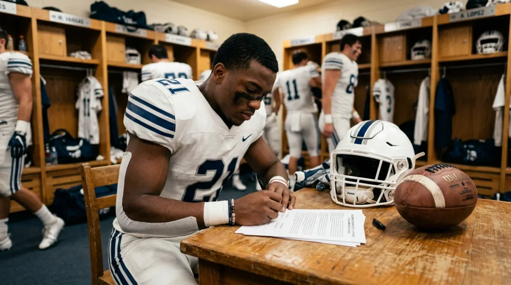 Jugador de futbol americano universitario firmando un contrato en un escritorio con casco y balon sobre la mesa
