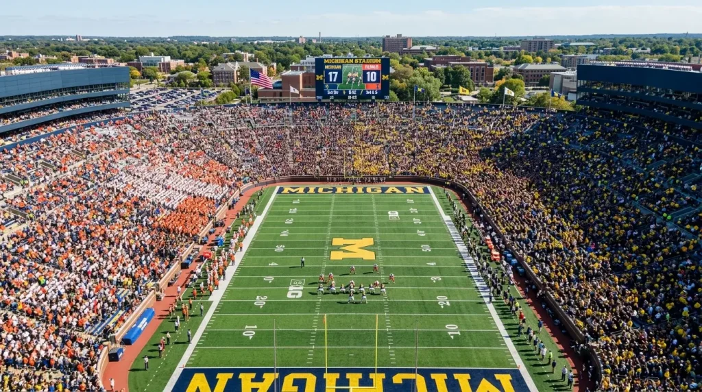 Vista aerea de un campo de futbol americano universitario con anotadores electronicos y gradas llenas