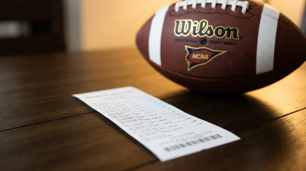Ticket de apuesta deportiva sobre una mesa junto a un balón de fútbol americano universitario