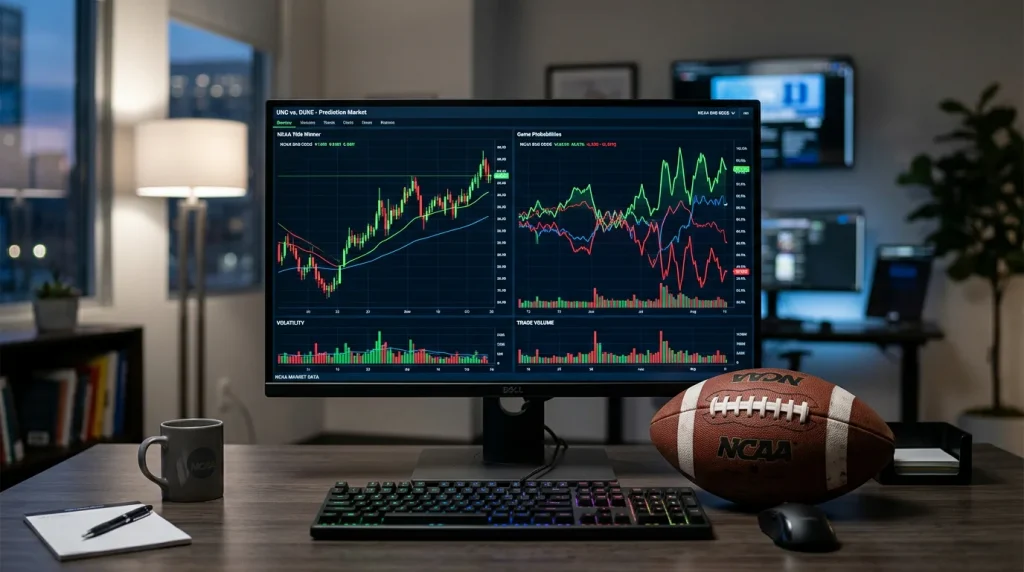 Pantalla de ordenador mostrando gráficos de mercado financiero con un balón de fútbol americano al lado
