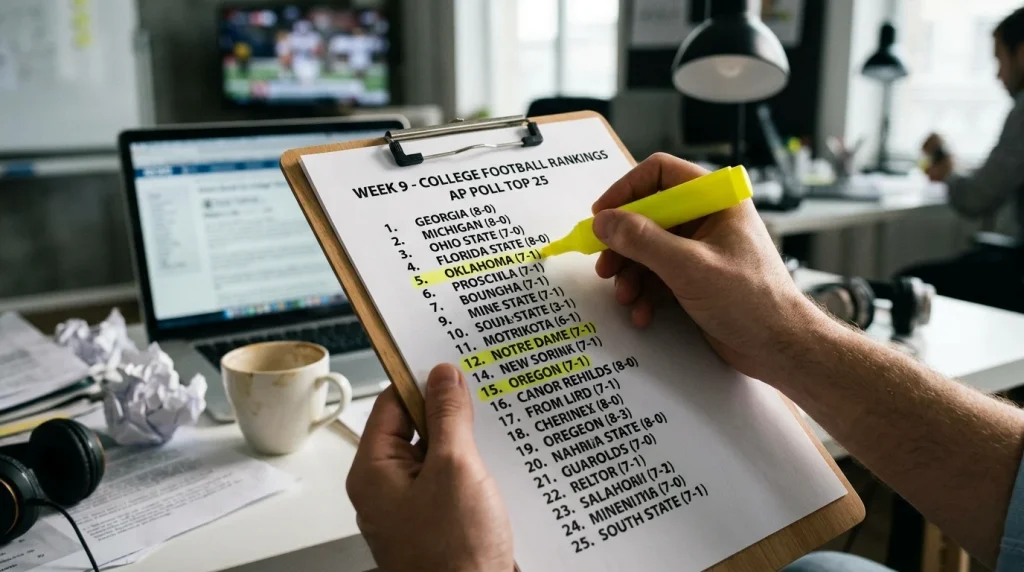 Tabla de clasificación de equipos de fútbol americano universitario con números de ranking resaltados