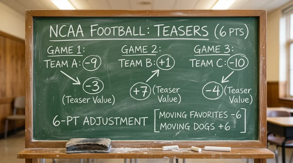 Pizarra con números de spread de fútbol americano y flechas indicando ajuste de línea de teaser