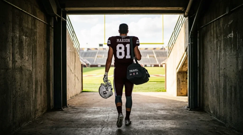 Jugador de futbol americano universitario caminando por un tunel hacia un nuevo estadio simbolizando el transfer portal NCAA